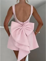 Elegant Pearl Bow Backless Sexy Mini Dress Women's Luxury Party Short Dresses White Black Pink Birthday Evening Wedding Summer - AliExpress 200000345 - Image 6