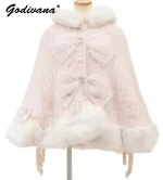 Japanese Liz Sweet Princess Faux Rabbit Fur Cape Coat Women Autumn Winter Fur Jacket Loose Clock Rhinestone Bow Hooded Coat - AliExpress