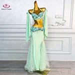 Belly Dance Adult Dress With Rhinestones, High-End Mint Green Bra, Hip Hugging Long Skirt, Samba Women'S Professional Clothing - AliExpress 200000532 - Image 4