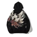 2024 New Japanese Style Fox Embroidery Black Hoodie Fashion Men Harajuku Streetwear Pullover Sweatshirt Chinese Vintage Hoodie - AliExpress