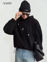 Amii Drawstring Hooded Splicing Imitation Lamb Wool Sweatshirt Embroidered 2024 Winter Women's Loose Thermal Tops 12444131 - AliExpress