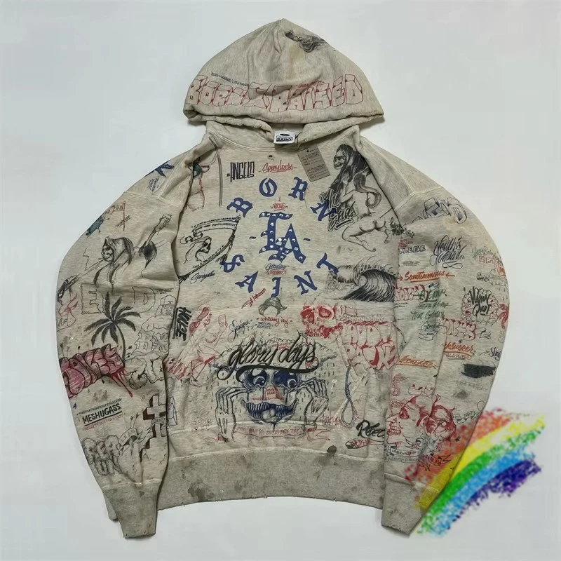Sdcd903f7d48449bd8e3733620f03df790.webp SAINT Rhinestone BORN RAISED Hoodie Men Women 1:1 High Quality Vintage Full Print Graffiti Print Pullovers - AliExpress - Image 1