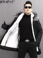 AYUNSUE Winter Jacket Men Clothing Genuine Shearling Jackets 2025 Male Cross Mink Fur Coat Long Hooded Parka Veste Homme LXR830 - Image 2