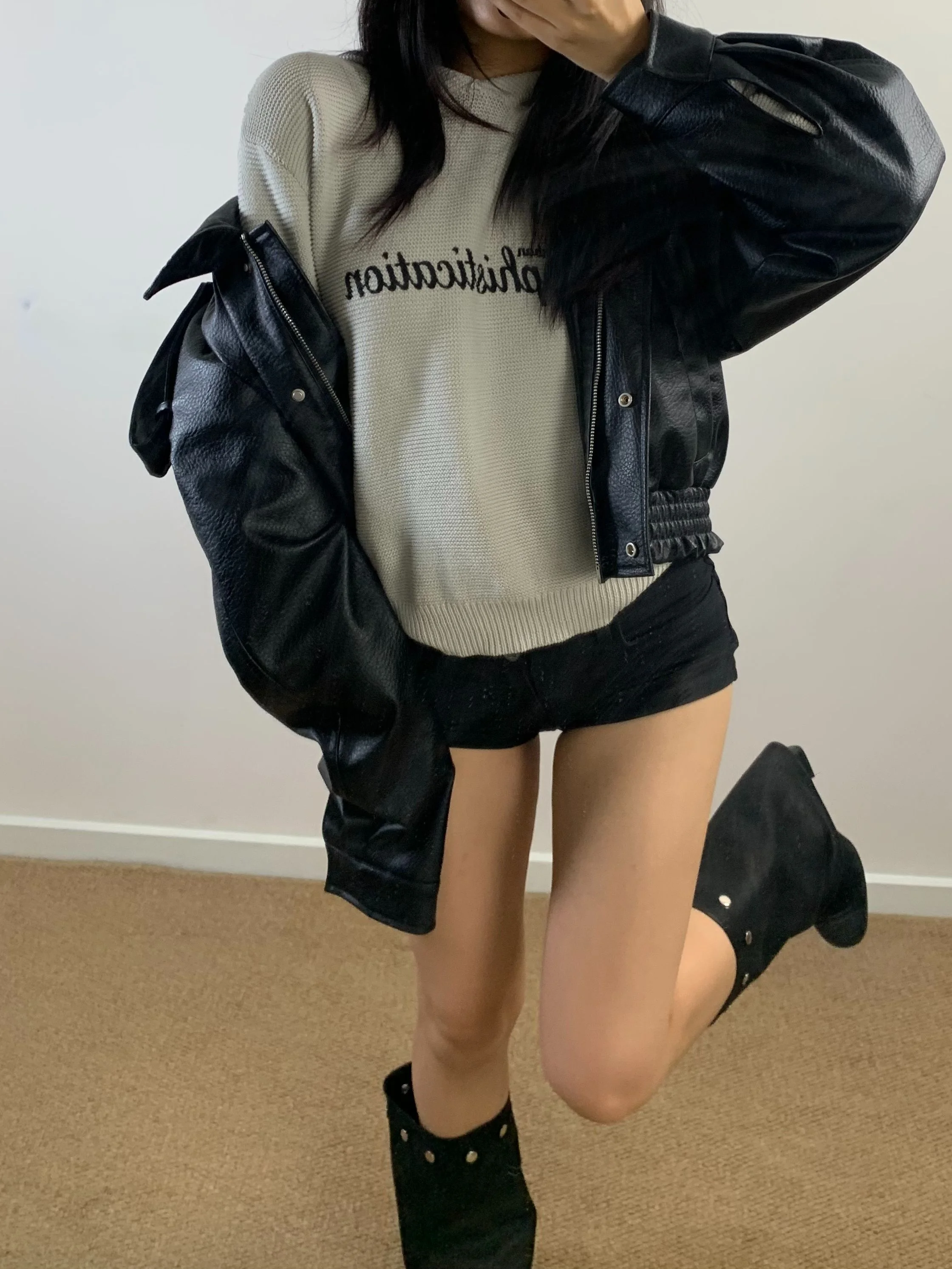 kf-S1580250cb9a34c30b80a5d2638776041j Women's Metal Buckle Autumn and Winter Leather Jacket, Faux Sheepskin Coat, Slim Fit, Height-Enhancing, Versatile, Windproof Top, Black Loose Leather Jacket, Shoulder Patch British Style Design, Workwear Leather Jacket - Image 1