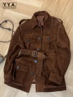 Designer Elegant Women Loose Reddish Brown Belt Jacket Turn Down Collar Single Breasted Outerwear Multi Pockets Female Retro