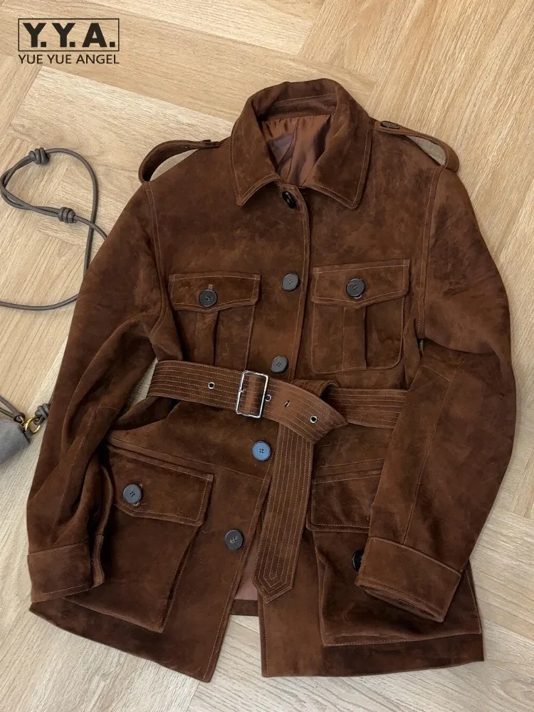 kf-S158dec130c994523b3dc8fe5d6cb2a5fO Designer Elegant Women Loose Reddish Brown Belt Jacket Turn Down Collar Single Breasted Outerwear Multi Pockets Female Retro - Image 1