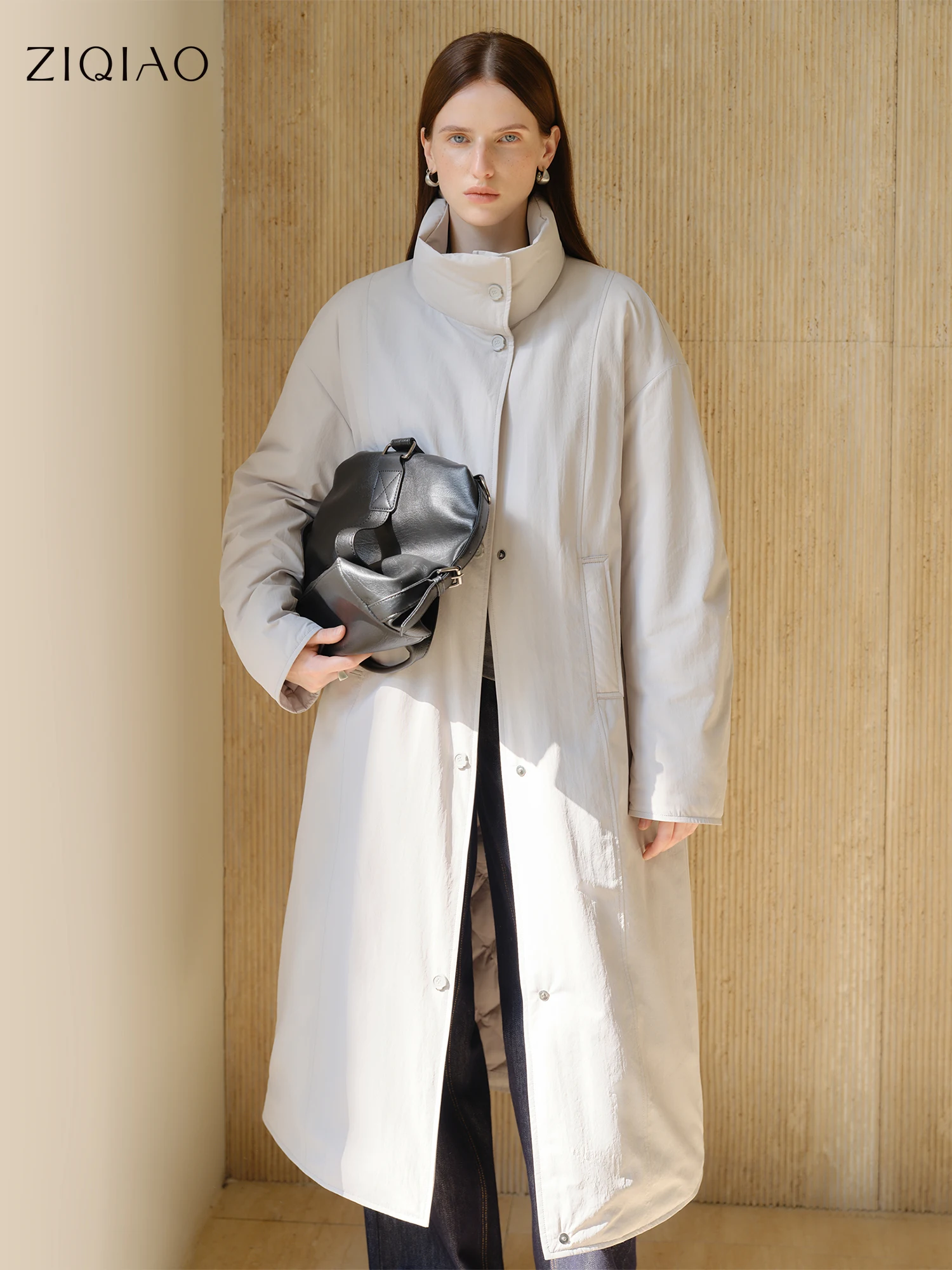 kf-S2ab6f5189123421f901687d7849600343 ZIQIAO Petite Women Long Stand Collar Korean 90% Down White Duck Feather Jacket 2025 Winter New Arrival Long Lenghth Down Coats - Image 1