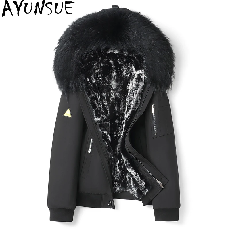 kf-S38f96435330e4a77a6df6f295140ef80H AYUNSUE Real Fur Parkas Men Clothing Detachable Rex Rabbit Fur Liner Jacket for Man Short Natural Fur Coat Hooded Raccoon Collar - Image 1