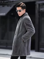 AYUNSUE High-end Real Mink Fur Jacket for Men Winter 2023 New Fashion V-neck Natural Fur Coat Mid-length Mink Fur Coats Outwear - Image 2