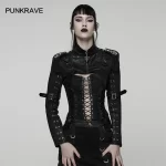 PUNK RAVE Women's Punk Woven & Mesh Ultra-Short Jacket Confidence Strength Metal Rock Shoulder Straps Personalized Small Coat