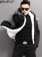 AYUNSUE Winter Jacket Men Clothing Genuine Shearling Jackets 2025 Male Cross Mink Fur Coat Long Hooded Parka Veste Homme LXR830 - Image 3