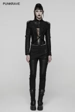 PUNK RAVE Women's Punk Woven & Mesh Ultra-Short Jacket Confidence Strength Metal Rock Shoulder Straps Personalized Small Coat - Image 4