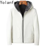YOLANFAIRY Real Fur Coat Man Winter 2025 Hooded Genuine Goatskin Leather Jacket Short Warm White Fur Coats Wool Lining jaqueta