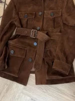 Designer Elegant Women Loose Reddish Brown Belt Jacket Turn Down Collar Single Breasted Outerwear Multi Pockets Female Retro - Image 2