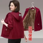 Add Velvet Corduroy Jacket Female Autumn Winter New Coat Large Size Outerwear Middle-Aged Korean Hooded Short Overcoat Women Top