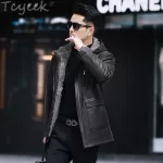 Tcyeek Real Fur Coat Men Mid-length Goatskin Genuine Leather Man Jackets Winter Clothes Warm Lamb Wool Mens Jacket 2025 Hooded