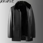 AYUNSUE 100% Genuine Cow Leather Jackets Man 2025 Winter High-end Mink Fur Liner Coat Mid-length Warm Fur Coats Leather Jacket - Image 3