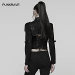 PUNK RAVE Women's Punk Woven & Mesh Ultra-Short Jacket Confidence Strength Metal Rock Shoulder Straps Personalized Small Coat - Image 3