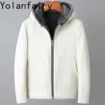 YOLANFAIRY Real Fur Coat Man Winter 2025 Hooded Genuine Goatskin Leather Jacket Short Warm White Fur Coats Wool Lining jaqueta - Image 2