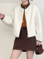 ZMEENNA Womens Brown Faux Fur Jacket Zip Up Winter Warm Fluffy Coat Round Neck Short Crop Outwear Casual Chic ZM4718 - Image 3