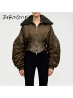 TWOTWINSTYLE Slimming Spliced Leather Fashion Jackets for Women Lapel Long Sleeves Tunic Patchwork Flocking Casual Jacket Female