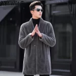 AYUNSUE High-end Real Mink Fur Jacket for Men Winter 2023 New Fashion V-neck Natural Fur Coat Mid-length Mink Fur Coats Outwear