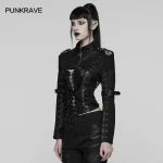 PUNK RAVE Women's Punk Woven & Mesh Ultra-Short Jacket Confidence Strength Metal Rock Shoulder Straps Personalized Small Coat - Image 2