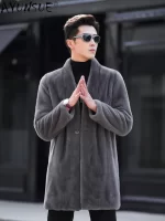AYUNSUE High-end Real Mink Fur Jacket for Men Winter 2023 New Fashion V-neck Natural Fur Coat Mid-length Mink Fur Coats Outwear - Image 5