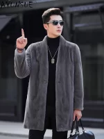 AYUNSUE High-end Real Mink Fur Jacket for Men Winter 2023 New Fashion V-neck Natural Fur Coat Mid-length Mink Fur Coats Outwear - Image 3