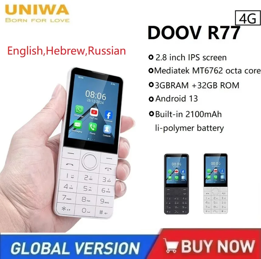 kf-A4bd3a3ce80e247dabb74af0cc049692ch UNIWA DOOV R77 4G Mobile Phone Smart Touch Screen Whatsapp Android 13 Keypad Phones 2.8" 3GB +32GB 2100mAh Phone Hebrew Keyboard - Image 1
