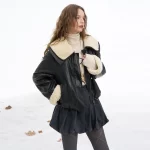 ELFSACK 2025 Winter New Arrivals Y2K Vintage Solid Plush Lapel Plush Cuff Faux Leather Jacket For Women - Image 2