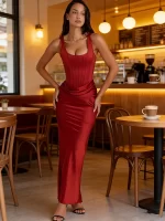 JULISSA MO Patchwork Satin Sexy Sleeveless Women Maxi Dress Backless High Waist Dress Winter Skinny Elegant Party Evening Dress