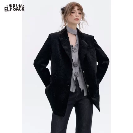 ELFSACK 2025 Spring New Arrivals Vintage red velvet suit for women elegant woman blazer coat