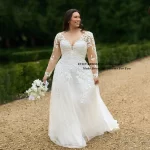 Long Sleeve Plus Size Wedding Dresses Customized Tulle Applique V-Neck Bride Dress A-Line Long Vestidos De Novia EVON BRIDAL