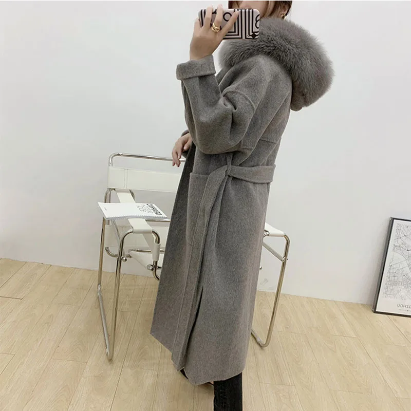 kf-H33f70d606ede464a9dbc23d59f8b799ak Cashmere Woolen Women Plus Size Coat Long Sleeve Real Fox Fur Hooded Loose Casual Jacket Double-Sided Wool Oversize Overcoat - Image 1