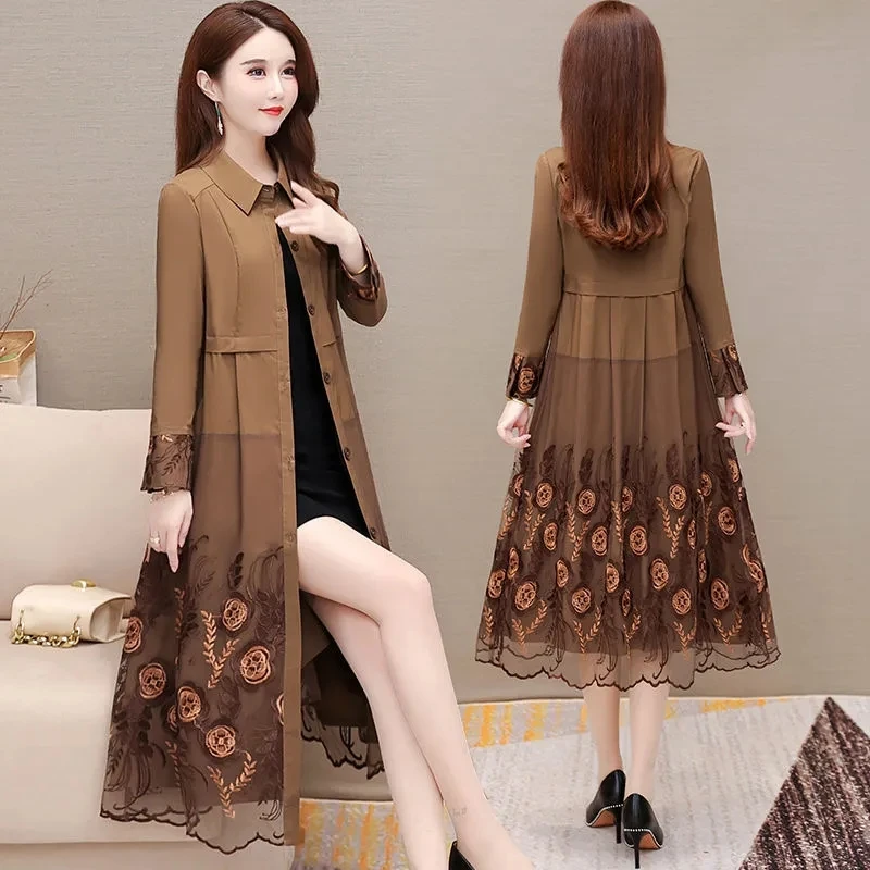 kf-H6a139bcd38f44a37bfdce623bfd94eeaE Women's Trench Coat Ladies Spring Autumn Lace Stitching Windbreaker Female Embroidered Dress Loose Fashion Long Coat - Image 1
