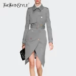 TWOTWINSTYLE Casual Irregular Trench For Women Lapel Long Sleeve High Waist Sashes Front Split Khaki Windbreaker Female 2020 New