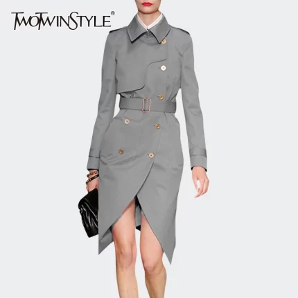 TWOTWINSTYLE Casual Irregular Trench For Women Lapel Long Sleeve High Waist Sashes Front Split Khaki Windbreaker Female 2020 New