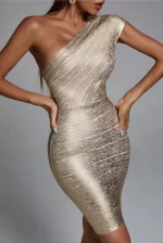 High Quality Celebrity One Shoulder Foiling Gold Print Rayon Bandage Dress Elegant Club Party Dress Vestidos - Image 4