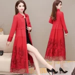 Women's Trench Coat Ladies Spring Autumn Lace Stitching Windbreaker Female Embroidered Dress Loose Fashion Long Coat - Image 2