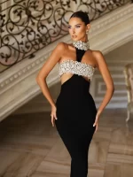 Women Celebrity Sexy Halter Beading Crystal Black Maxi Long Bodycon Bandage Dress 2025 Elegant Evening Club Party Dress - Image 2