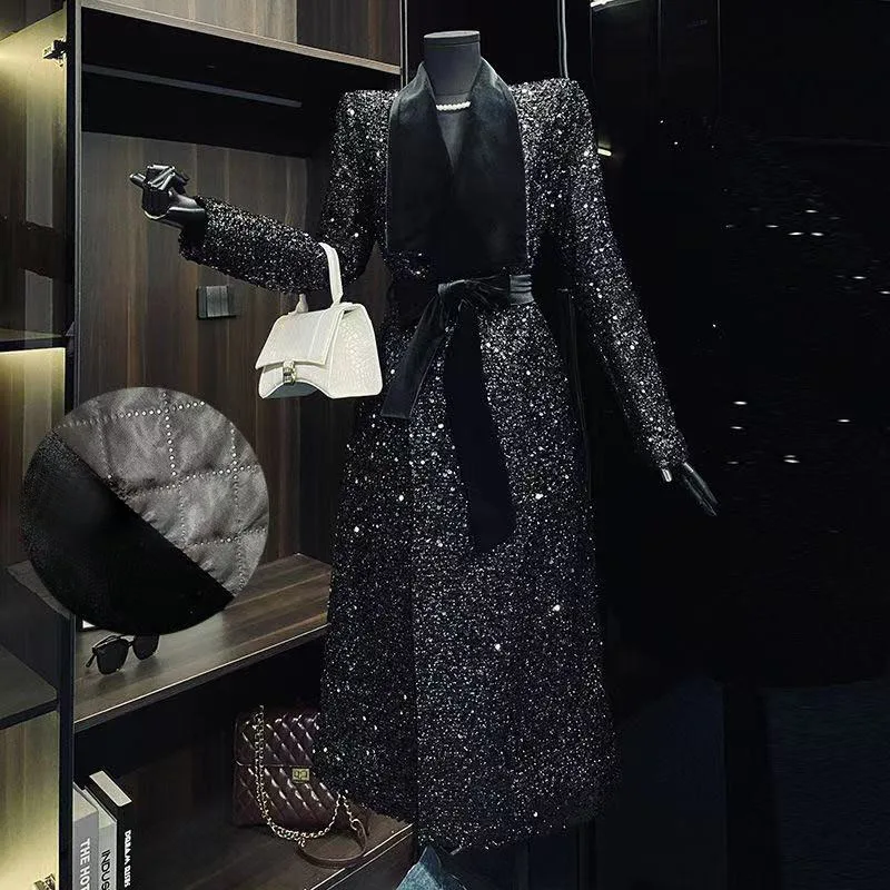 kf-S00610881e2c54ac284712bf8510fe7a1M American Heavy Industry Sequin Hepburn Wind Shrinks Waist to Show Slim Long Style Cotton Coat Women's 2025 Winter New Celebrity - Image 1