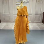 2025 Miyake Fashion Design Dress Slanted Shoulder Solid Color Loose Women's Clothing Medium Length Elegant Dresses Summer New - Image 2