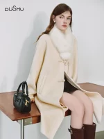DUSHU Plus Size Women's Oriental Poetic Fox Fur Collar Double-Faced Tweed Coat Winter 2025 New Arrival Outerwear 100% Wool Coats