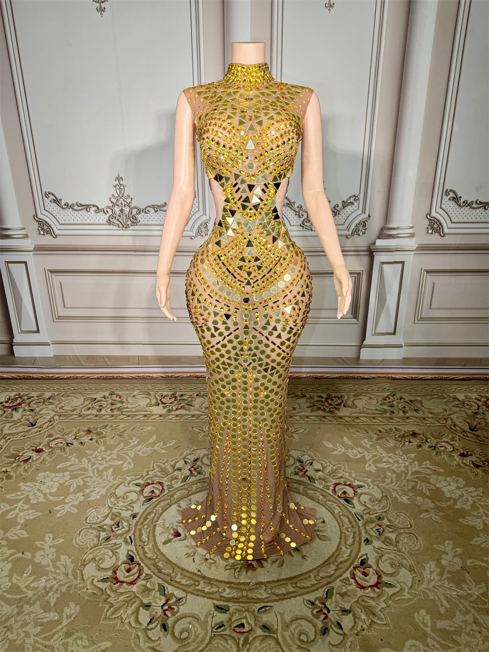 kf-S0662b104805c4207a8d0f7199ca3d2e71 Luxury Mirror Rhinestones Long Dress for Women Singer Celebrity Evening Party Catwalk Prom Outfit Stage Photo Shoot Dresses - Image 1