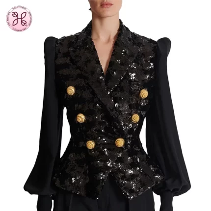 Sequins & Sheer Blazer - Wide Shoulder Jacket with Metal Buttons, Statement Evening Top