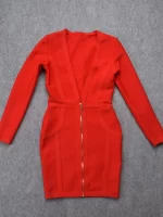HQBORY Deep V Plunge Red Bandage Women Dress Evening Maxi Long Sleeves Black Zipper Supper Mini Dress Bodycon Party Club Vestido - Image 4