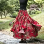 Vintage Spring Autumn Women's Cotton Linen Printed Skirt Elastic-waist Big-hem A-line Skirts Irregular Hem Casual Maxi Skirts - Image 2
