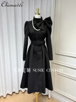 French Elegant High-End 3D Puff Sleeve Big Bow Double-Breasted High-Waist Belted Cotton Long Trench Coats Women Winter Jackets