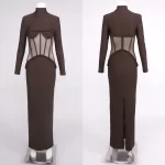 Luxury Sheer Corset Brown Long Dresses for Women – Long Sleeve High Neck See Through Bodycon Maxi Dress with Mesh Waist Detail - Image 5